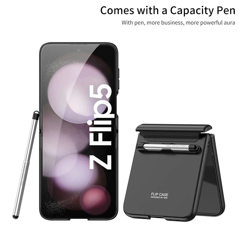 For Samsung Galaxy Z Flip 5 Case Ultra thin Skin Friendly Matte Foldable Magnetic Hinge With Touch Pen Slot Mirror Film Cover