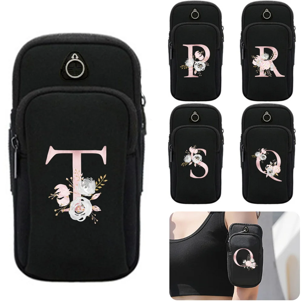 Universal Armband Sport Phone Case Outdoor Sports with Headphone Jack Pink Flower Letter Pattern Series Mobile Storage Bag