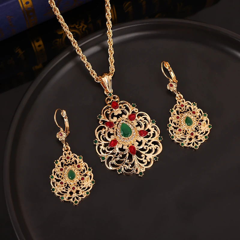 Moroccan Bride Jewelry Set Water Drop For Women Hollow Pendant Necklace Earrings Accessories