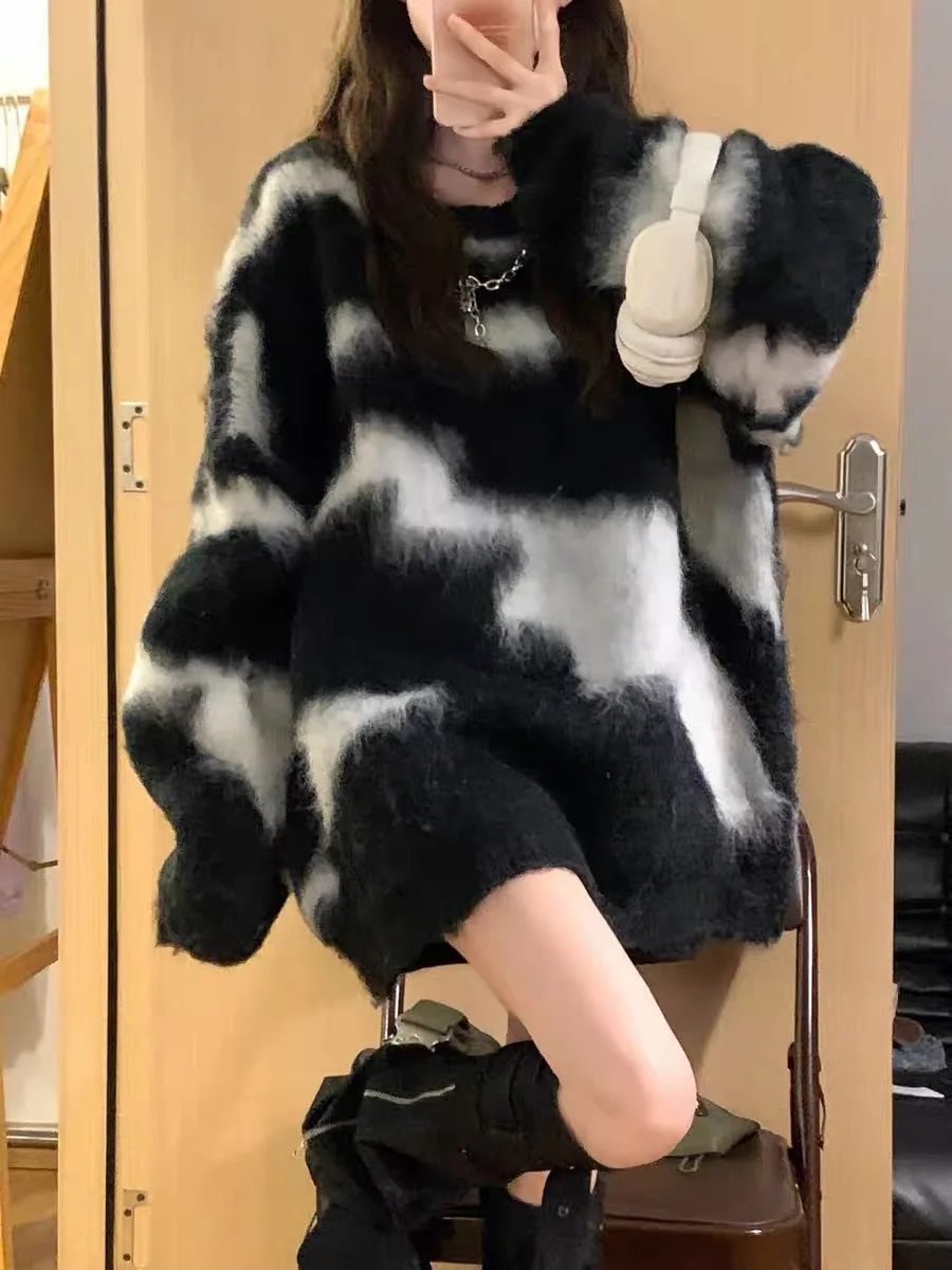 

Vintage Women's Knitted Sweater Autumn Winter Stripe Design Casual Sle Warmth Heating round Ne Long Sve Mid-Length Str...