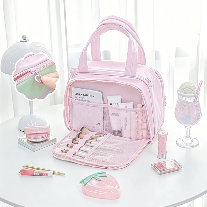 Large-capacity Partitioned Makeup Bag Sweet Cute Strawberry Musical Notes Handbag Portable Multi-layer Travel Toiletry Bags