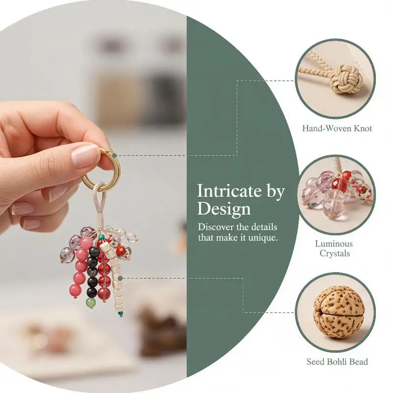 Handgewebter Bodhi-Perlen-Schlüsselanhänger im chinesischen Stil, Kristall-Wunsch-Samen-Taschenanhänger, Deko-Geschenk-Accessoire – Detail 1