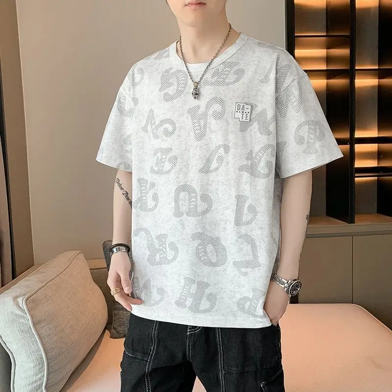 2023 Men's Clothing Summer New Short Sleeve Round Neck Fashion Trend Korean Version Printed Casual All-match Loose Tops T-shirt