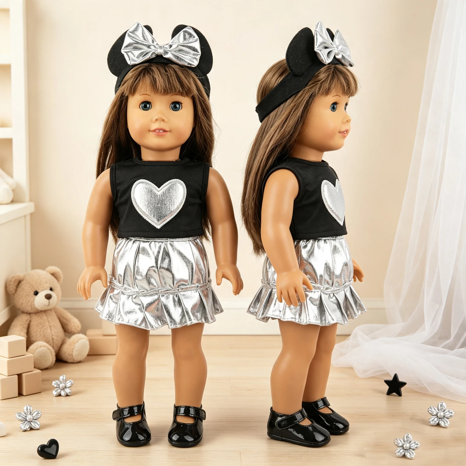 Silver Doll Costume Black Vest Shiny Heart Pattern Top + Skirt + Headband+ Black Shoes Outfit Fit 18
