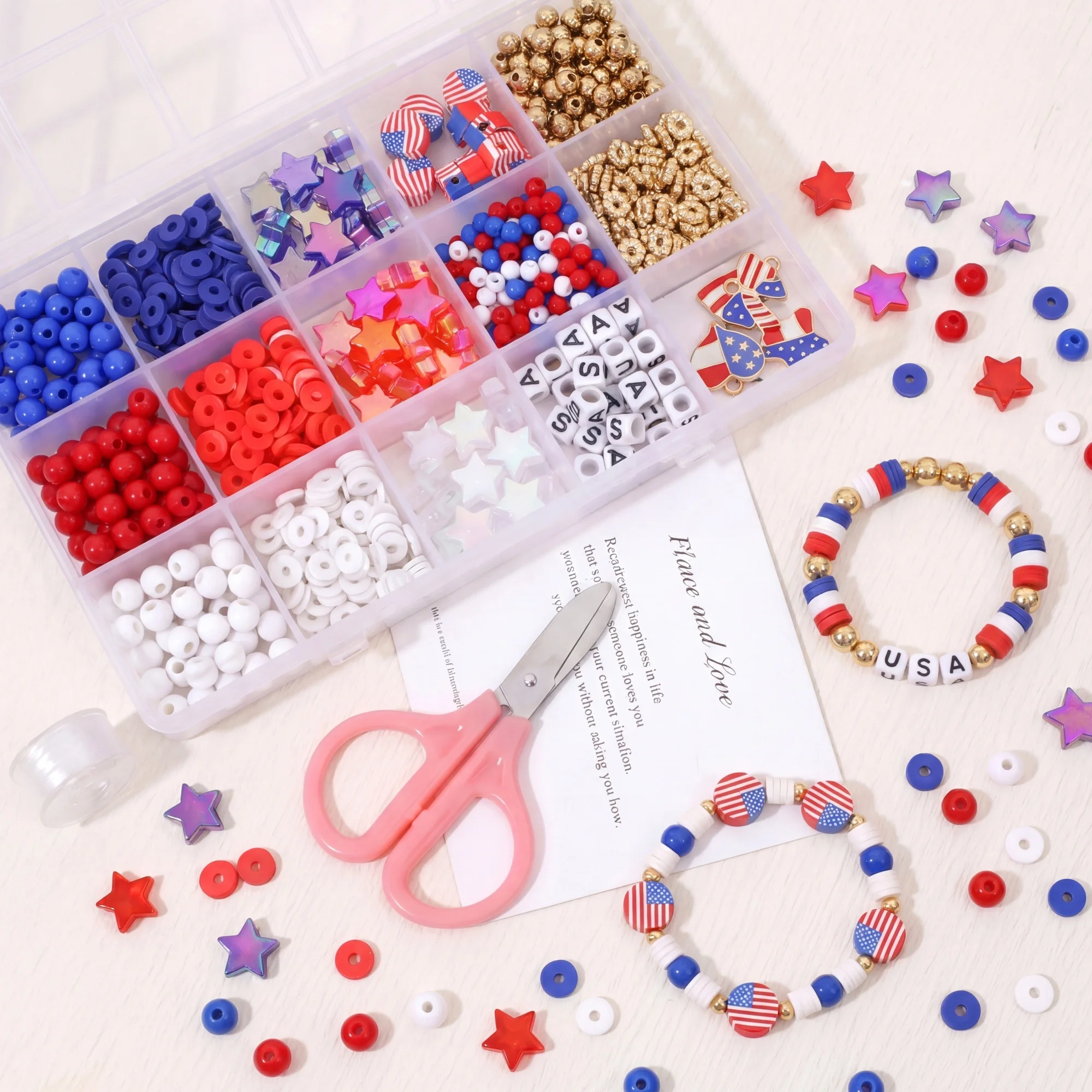 

1160-1900PCS Acrylic Red White Blue Beads Kit with Scissors DIY Independence Day Bracelet Necklace Jewelry Making Kit