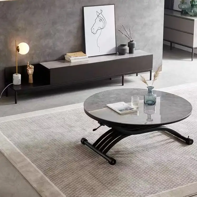 Multifunctional lifting coffee table small apartment round dining table dual-purpose lifting rock slab integrated living room