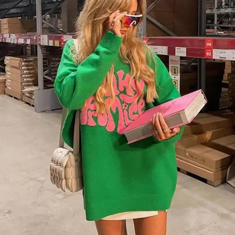 

Женский свитер с капюшоном, длинный вязаный топ с буквенным узором, свободный крой, средний тонкий полиэфирное волокно