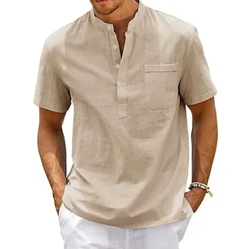 Camicia in cotone e lino da uomo con collo a Henley, tasca c...
