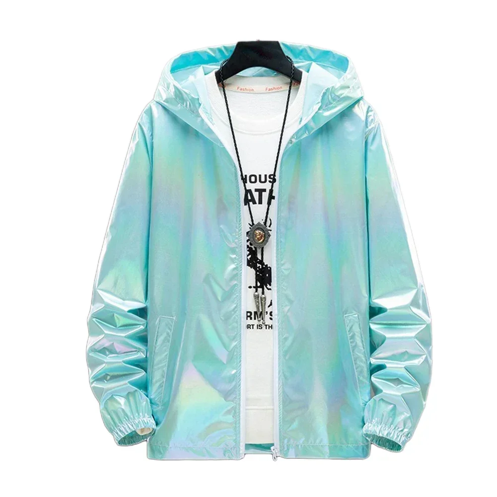 Men Summer Ice Silk Lightweight Bright Colorful Reflective Sunscreen Hoodies Long Sleeve Pockets Coat Streetwear Mens Jacket