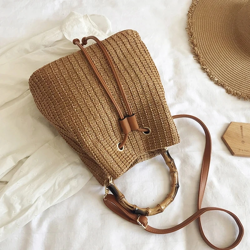 Women Straw Weave Bucket Bags Rattan Summer Beach Shoulder Bags Female Casual Handbags Purse Small Travel Crossbody Bags