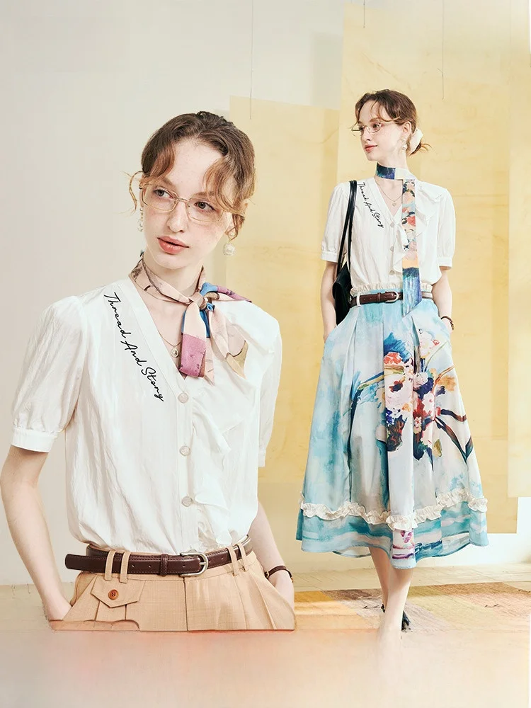 

Женская свободная рубашка Two Tee Things Morning Light Page Summer 2026 с вышивкой, кружевной отделкой и отложным воротником, белая