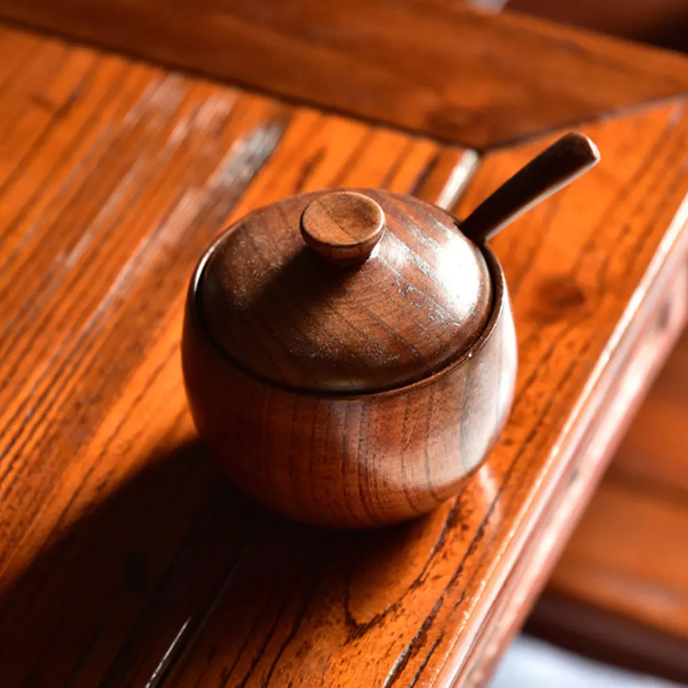 

1 Set Of Vintage Wooden Spice Jar With Lid And Spoon Kitchen Condiment Container