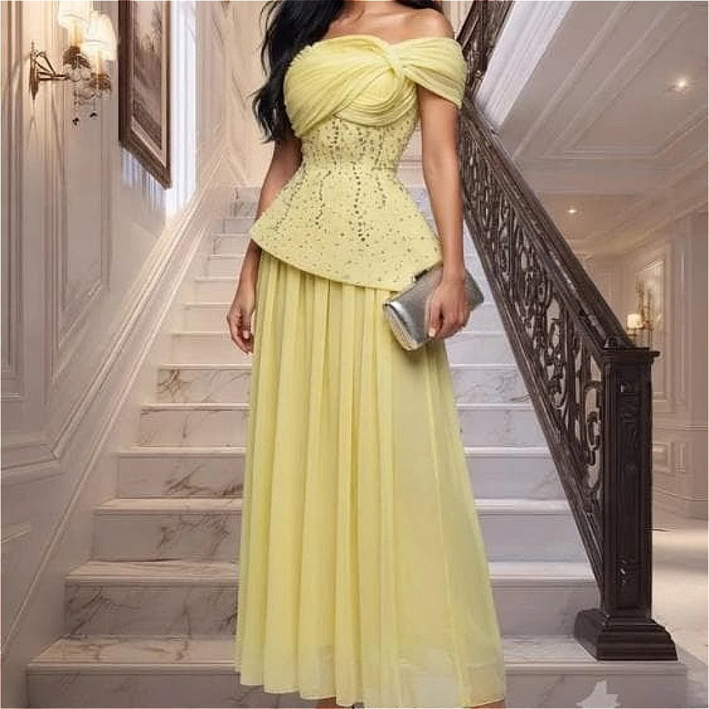 Customized Off Shoulder Sheath Evening Dress Gradient Rhinestone Embroidery Waist Belt Floor Length Formal Banquet Maxi Gown