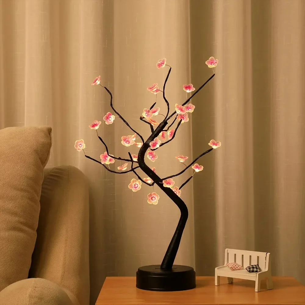 Home Decoration USB/Battery Powered Touch Switch Warm White Artificial Bonsai Cherry Blossom Desktop Tree LED Lamp  Night Lamp