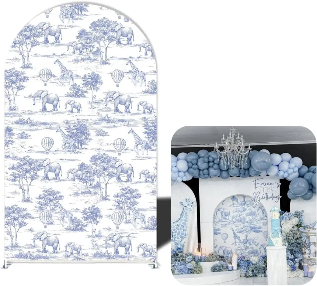 Blaue Toile de Jouy Safari Bogen-Hintergrundabdeckung Dschungel-Thema Spandex-Abdeckung für Babyparty Geburtstag Safari-Tier Foto-Hintergrund