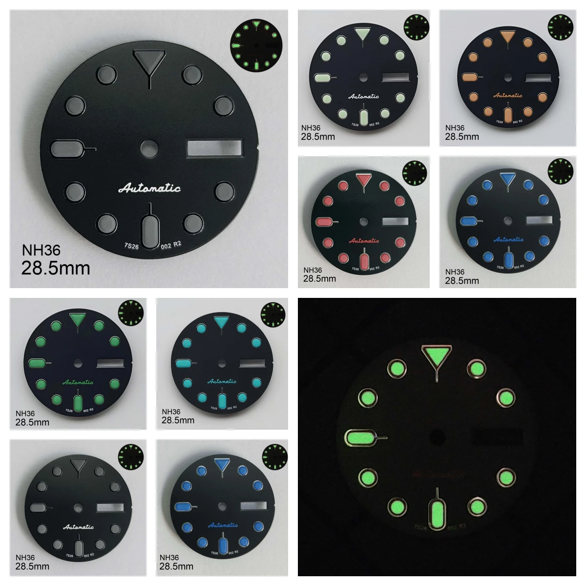 

28.5mm S 5 Logo SKX007 Black Dial Suitable for NH36/4R36 Movement Green Luminous Dual Calendar Watch Modification Accessories