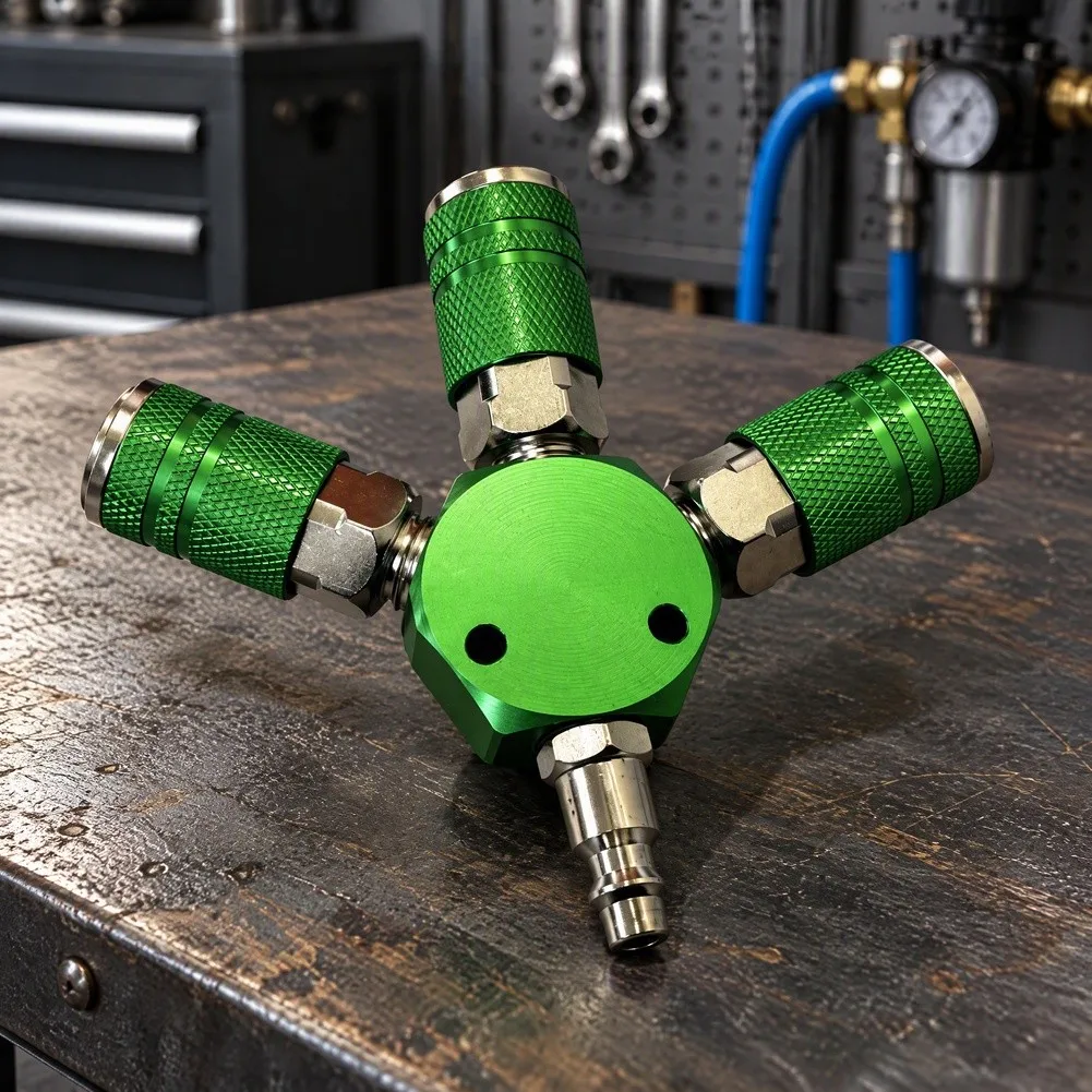 Aluminum 3-Way Air Coupler with Self-Locking for t Junction for Pneumatic Tools 1/4in NPT Quick Connect 14.5x14x2.3cm