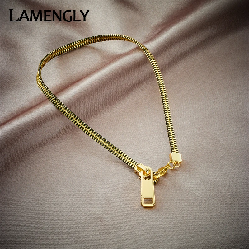 LAMENGLY 316L Stainless Steel Statement Zipper Choker Necklace For Women New Design Girls Clavicle Chain Jewelry Gifts Bijoux