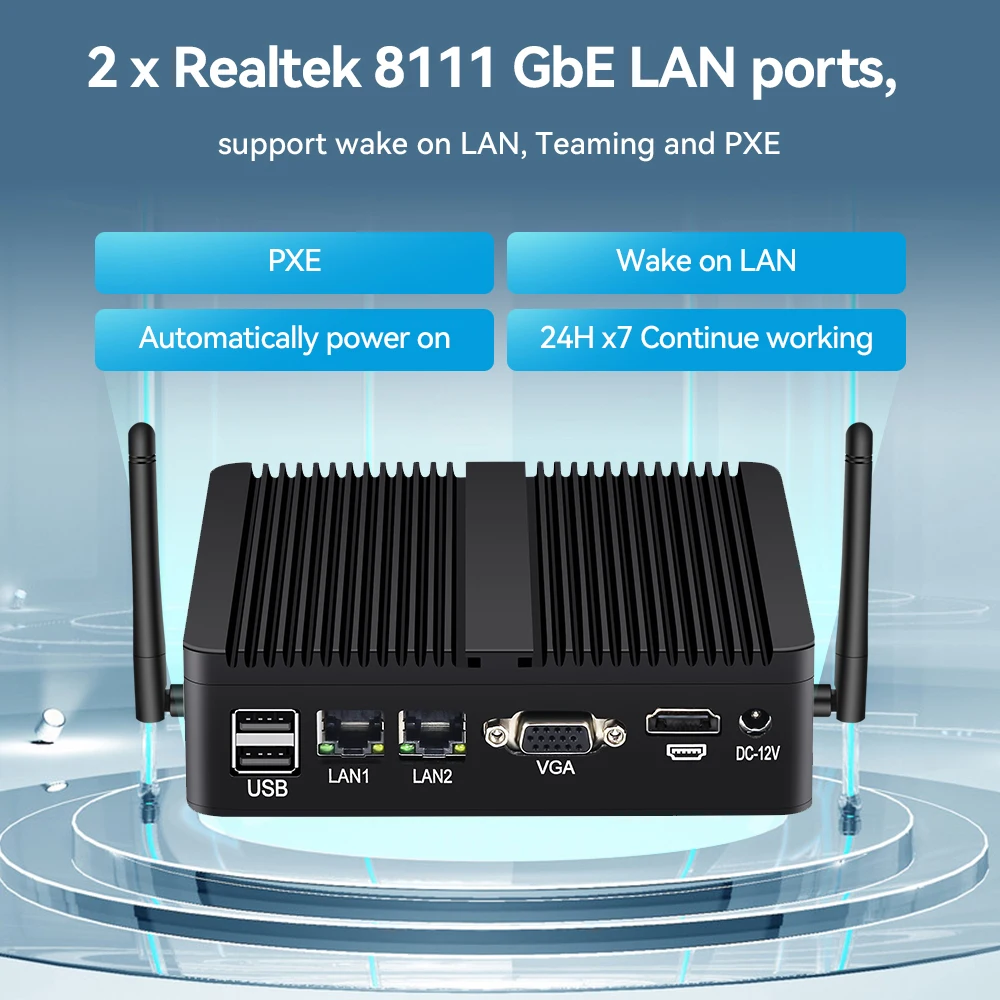 Fanless Mini PC Intel Celeron J4125 J6412 2x Gigabit Ethernet 2x COM RS232 RS485 6x USB รองรับ WiFi 4G LTE Windows 10 Linux