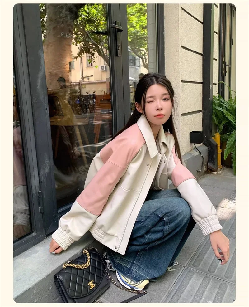 Contrast color patchwork leather jacket for women in the autumn of 2023 new popular sweet and fresh temperament top Commuting