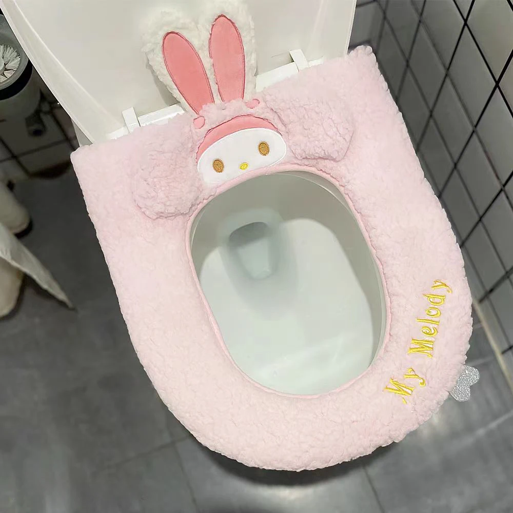 Kawaii Sanrio Toilet Seat Cover Cinnamoroll Anime Thickened Soft Plush Washable Seat Cushion Home Toilet Lid Cover Accessories