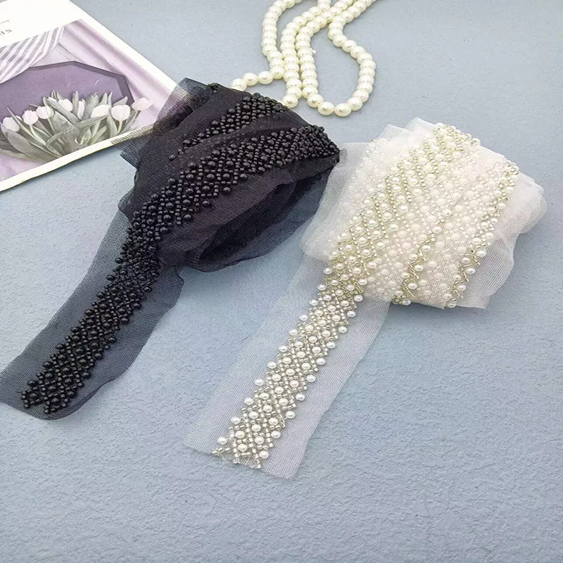 Netting Beaded Lace Trim with Hanging Pearl Beads Diamond-Shaped Rice Bead Long Woven Ribbon for DIY for Clothing Accessories