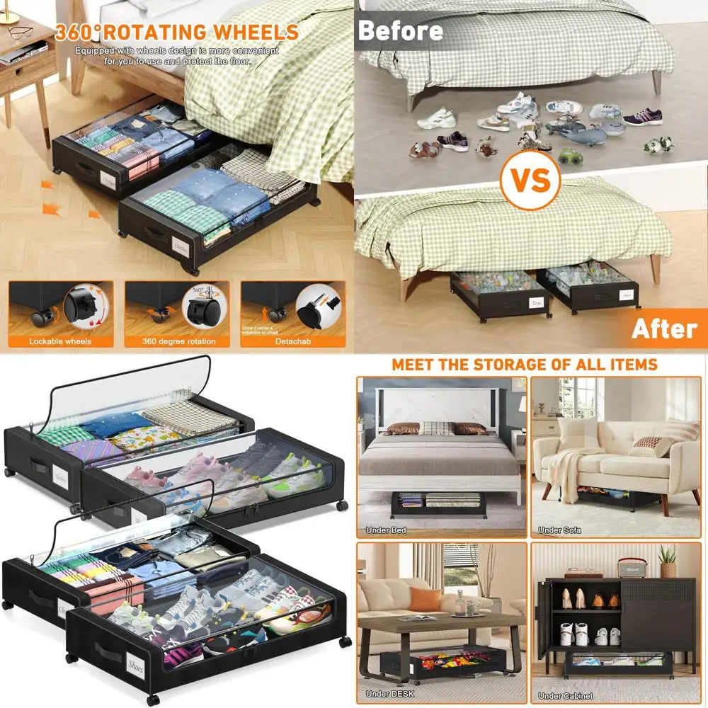 바퀴와 투명 뚜껑이 있는 4피스 XXL 침대 밑 수납 상자, 옷, 신발, 장난감용 65L 정리함 - 블랙