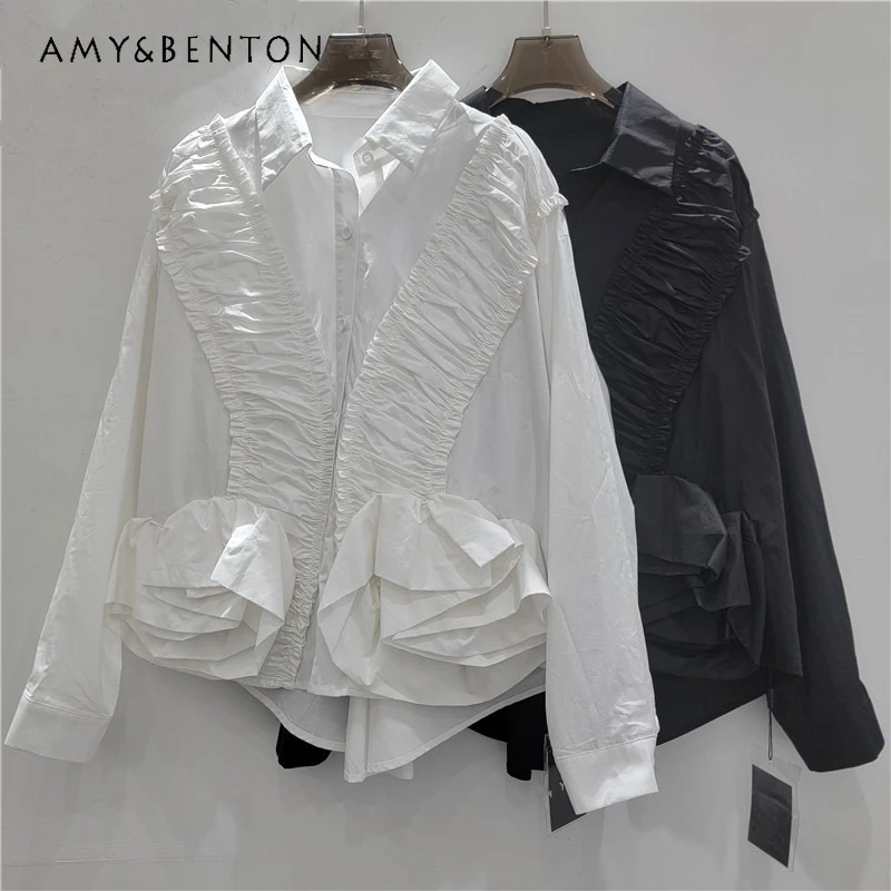 

Японская ретро-блузка с плиссировкой, лоскутным узором и оборками, высококачественная, для женщин, весенняя, новый модный дизайн, Y2K, свободный крой