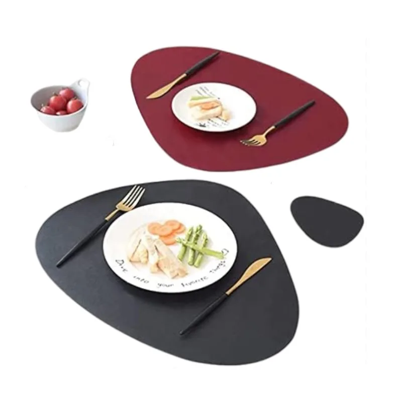 

1/4/6sets Red Black Placemats and Coasters Set for Kitchen Irregular Shape PU Leather Tables Mat Pad Coffee Shop Christmas Decor