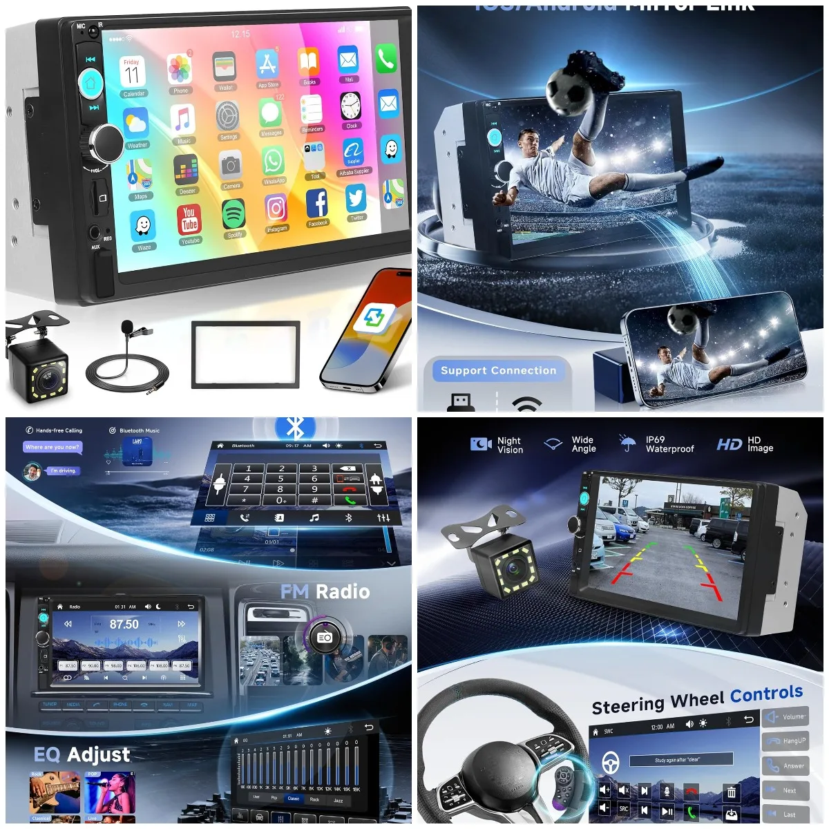7' Car Radio with Bluetooth, Mirror Link, Backup Camera, FM, USB, AUX, Steering Control