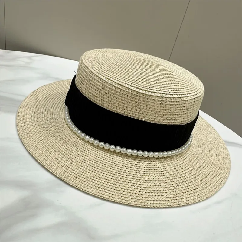 Chain flat-topped hat for women's summer woven flat-brim travel and vacation