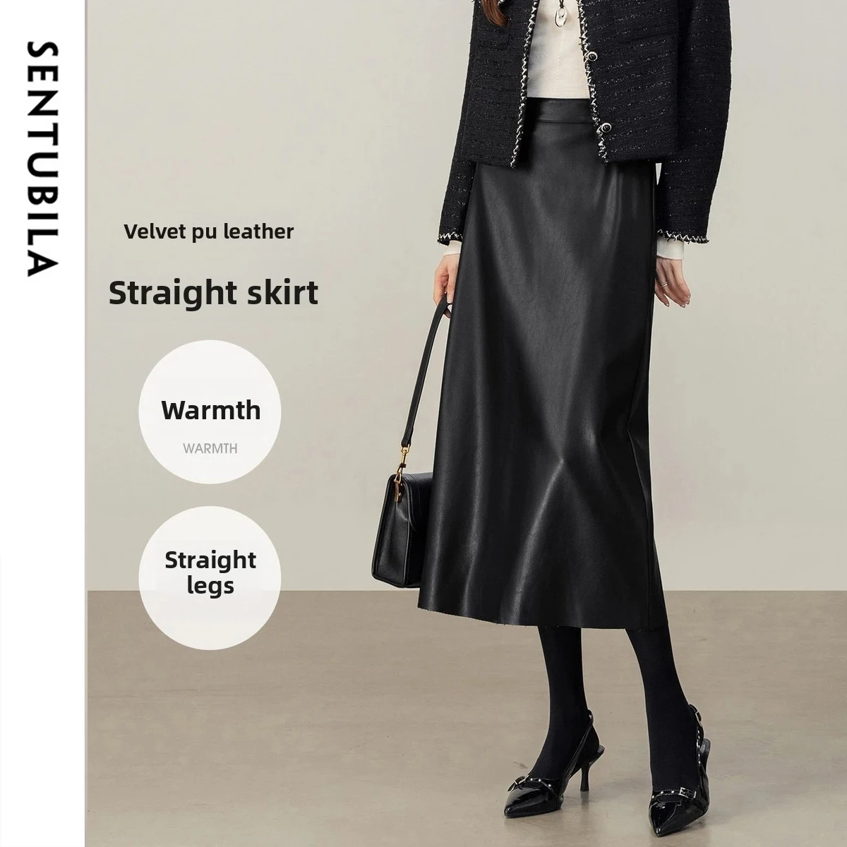 Spódnice ze skóry ekologicznej SENTUBILA, damskie, zimowe 2025, z wysokim stanem, zapinane na zamek, proste, eleganckie, do pracy, midi, długie, model 154QO3965