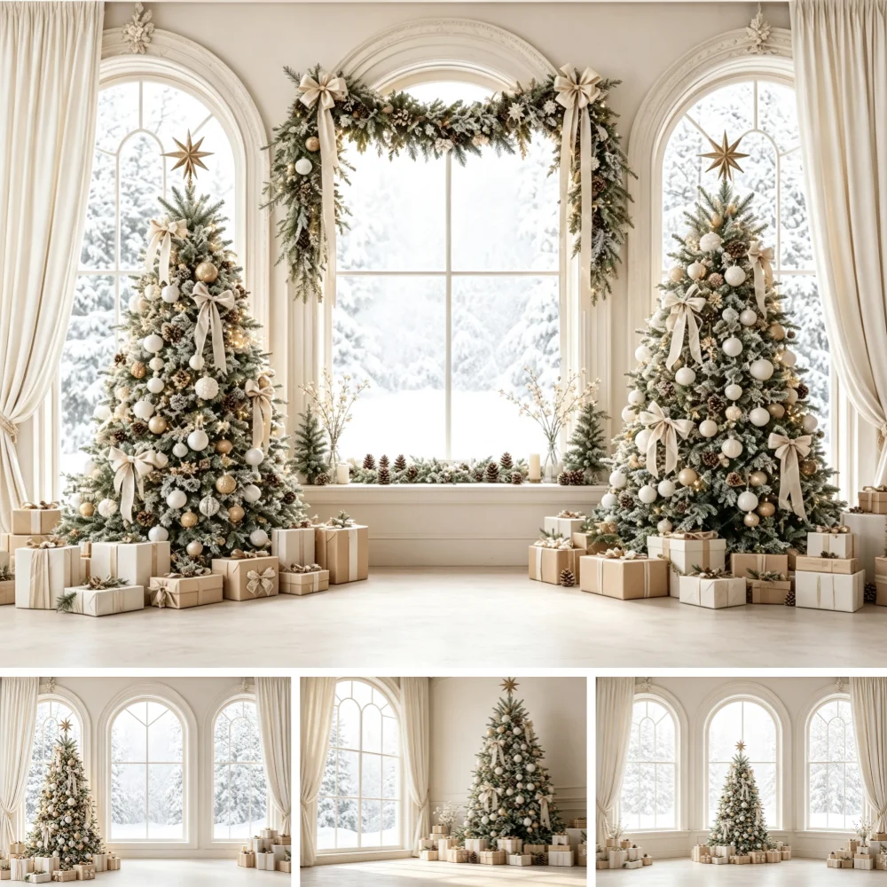 Décor de Noël blanc pour intérieur, toile de fond avec fenêtre cintrée et scène d'arbre de Noël, pour studio photo, cabine photo et accessoire de décoration de vacances