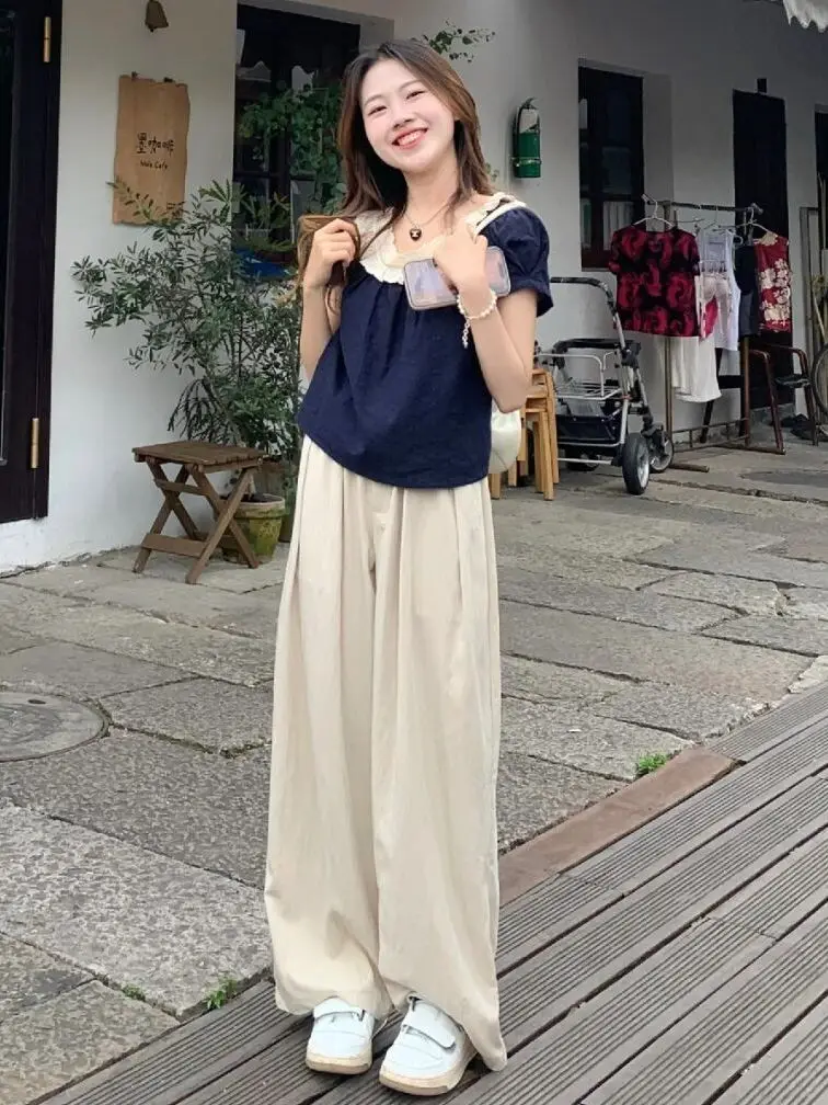 

Women Summer 2025 New Short-sleeved Shirt Top High Waist Loose Wide-leg Pants Two-piece Set