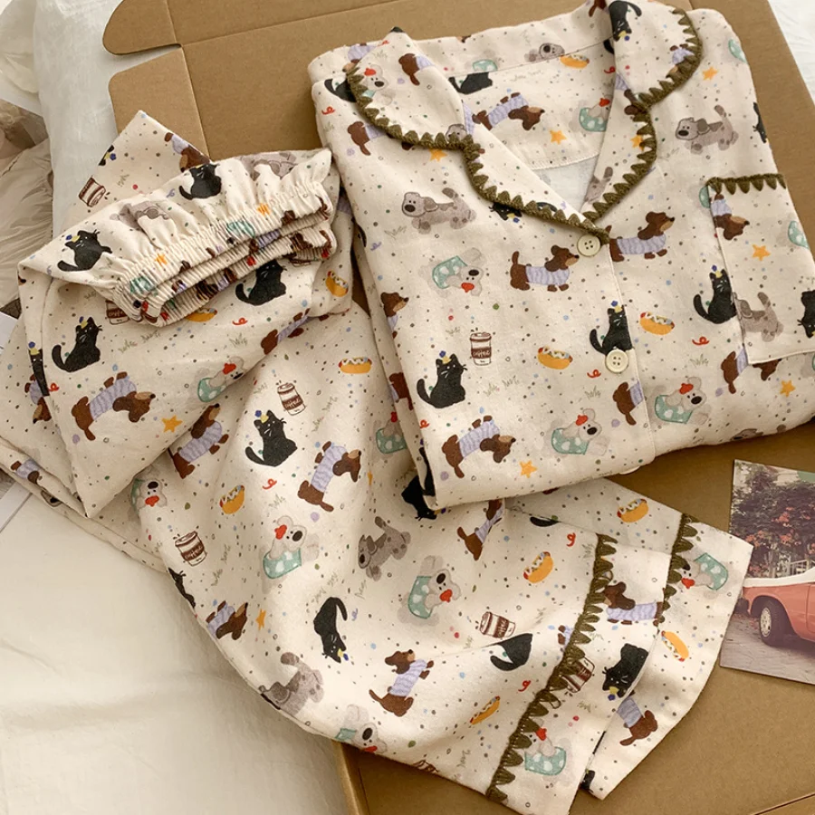 

Комплект женской пижамы из 100% хлопка: новая весенняя модель с мультяшным принтом, свободный крой, длинный рукав, брюки, для сна и дома