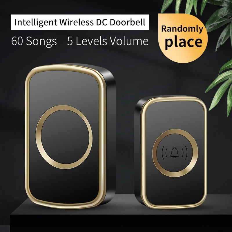 CACAZI Intelligent Wireless Door Bell Waterproof Button DC Battery Operated Door Chime Kit with 60 Melodies 5 Levels of Volume