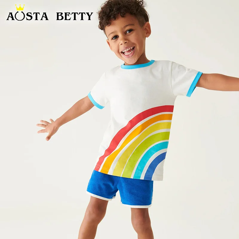 

2024Summer New BoysTT-shirt Style Children Cartoon Rainbow Printing Children's round Neck Short Sleeve TopAosd