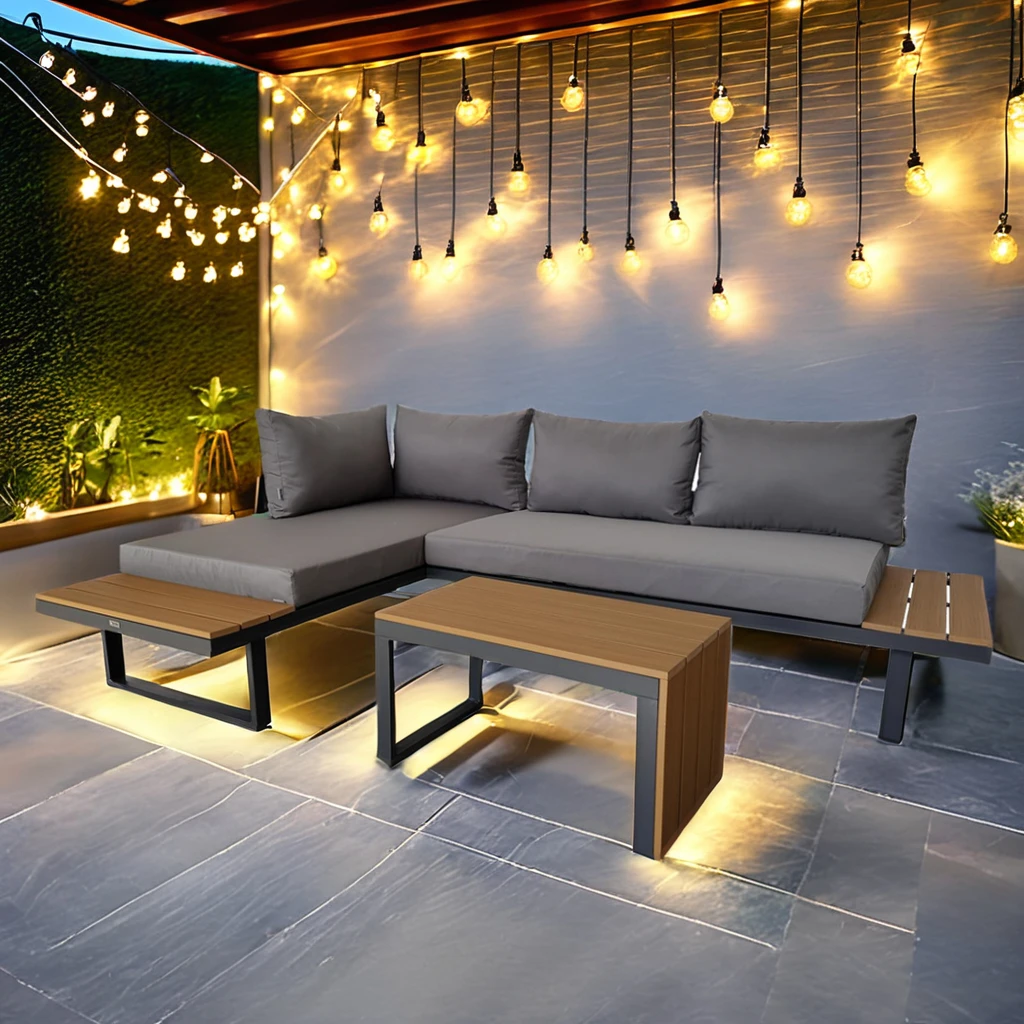 

L-Shaped Outdoor Garden Patio Comfortable Sofa Furniture Aluminum Modern Plastic Wood Corner Sectional Sofa Set