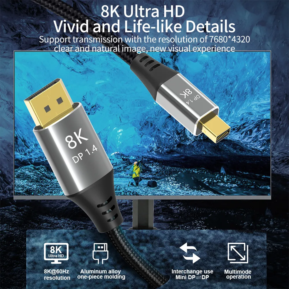 Mini DP to DisplayPort 8K Cable DP1.4 Bi-Directional Transmission DP to Mini DisplayPort Cable 8K@60Hz 4K@144Hz for MacBook Air