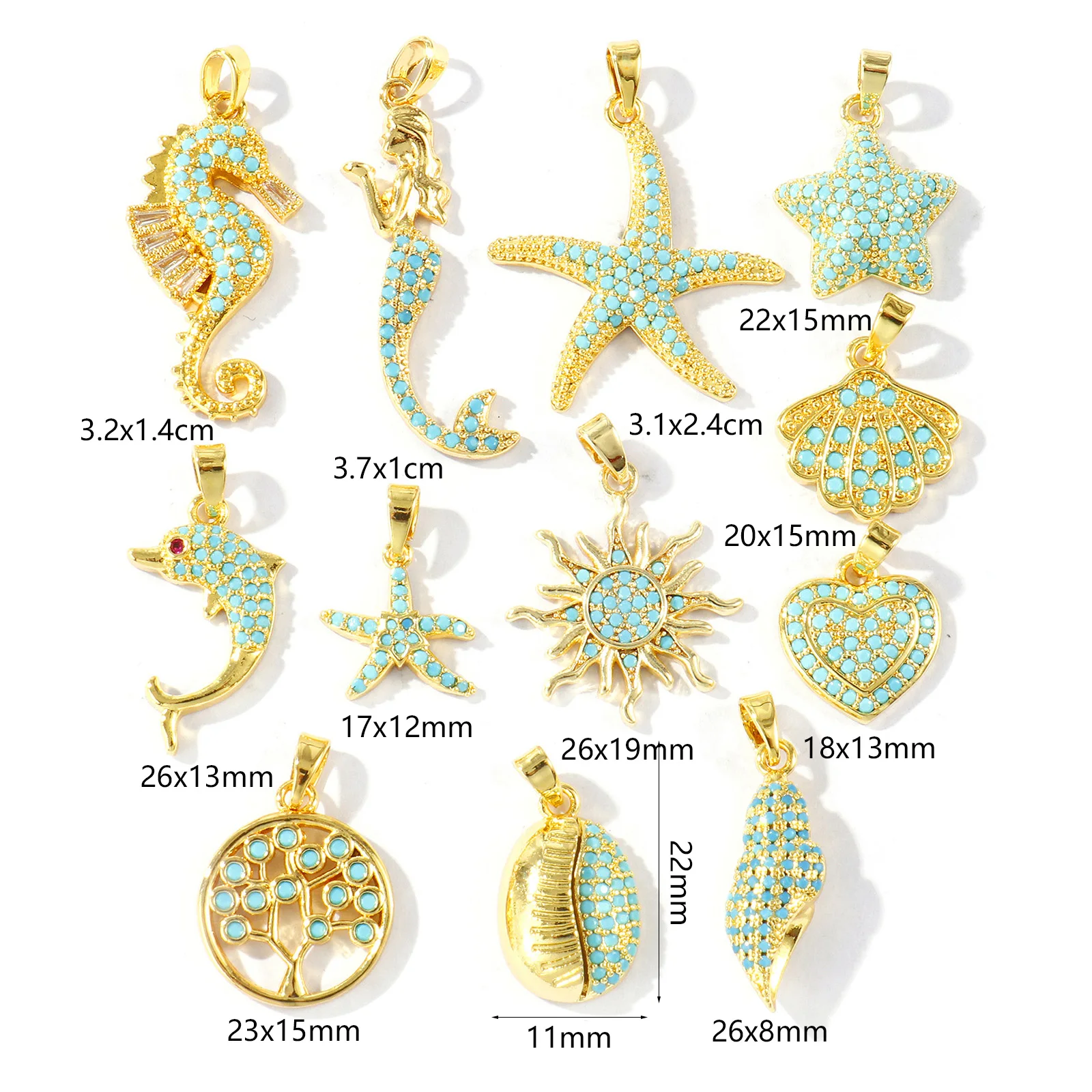 2 Pcs Blue Cubic Zirconia Ocean Charms Starfish Mermaid Conch Sun Shaped Melon Brass 18K Gold Plated Pendants For DIY Necklace