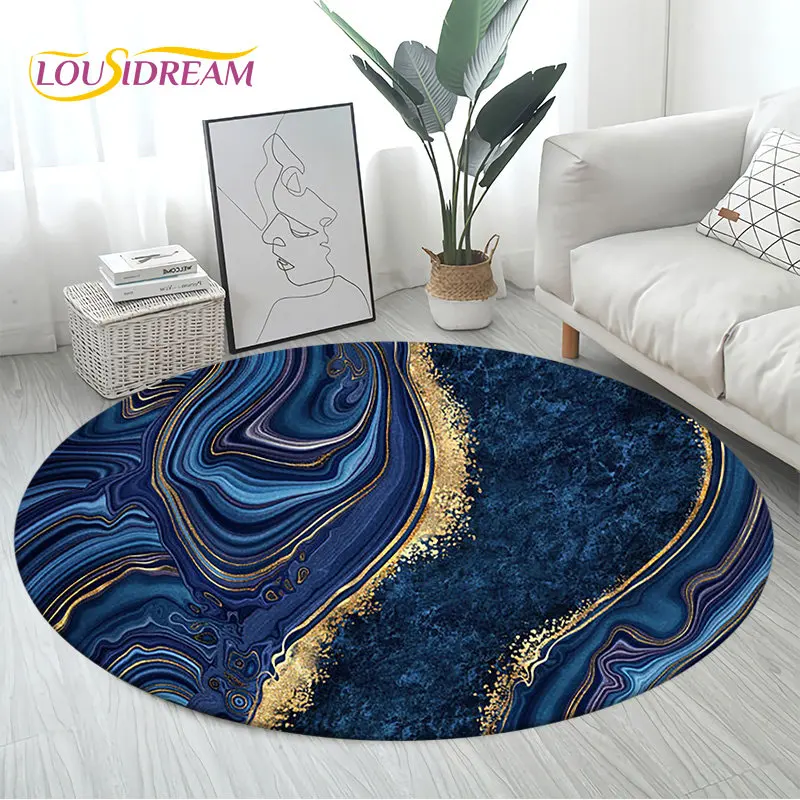 Colour Nordic Black Gold Blue Marble Round Area Rug,Circle Carpet Rug for Living Room Bedroom Sofa Decor, Floor Mat Kitchen Mat