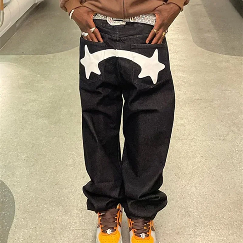 

Men's jeans 2024 Hip Hop Street star print dark black jeans Y2K retro design casual low waist loose straight jeans New ins hot