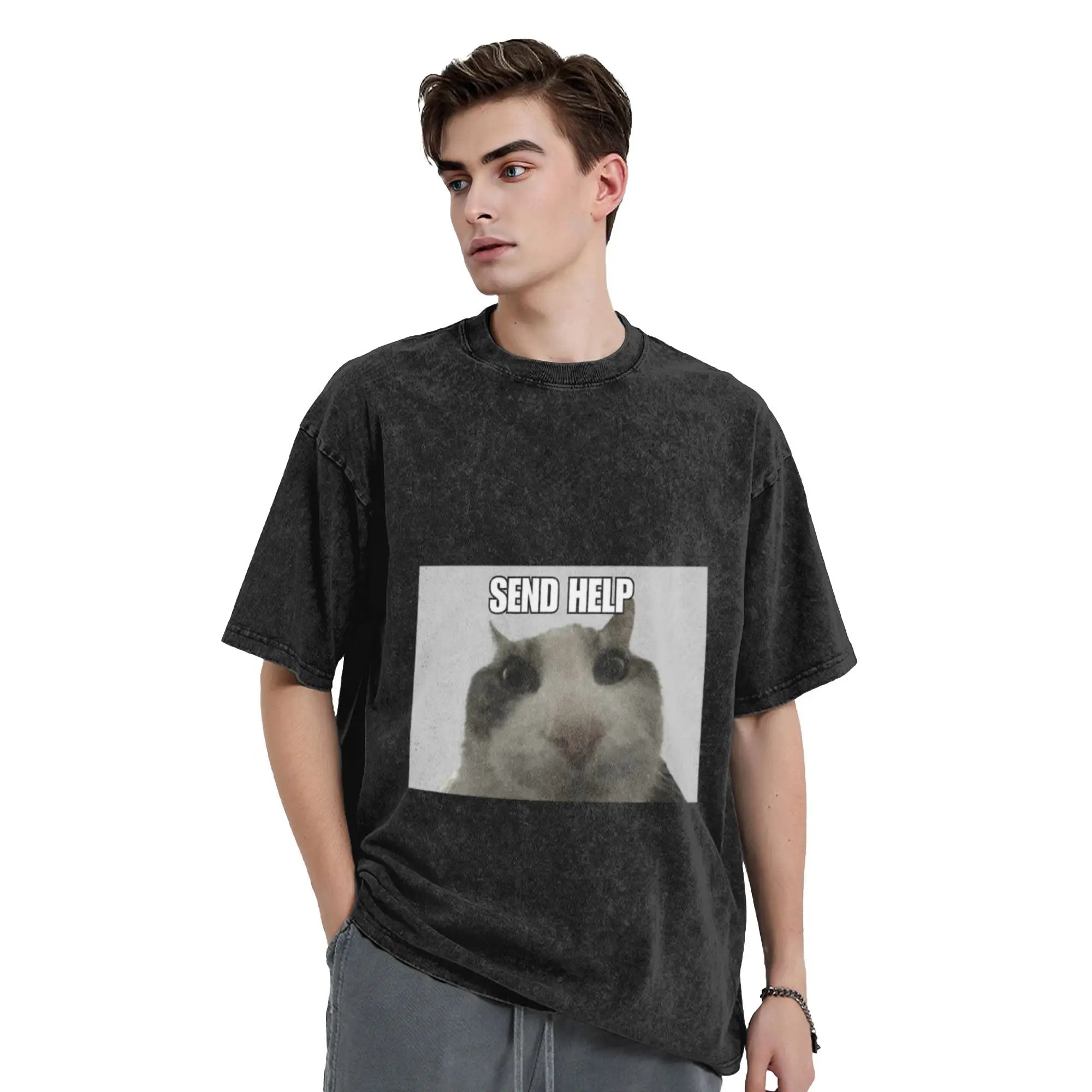 Cat Meme  SEND HELP  Classic Comfort A T-Shirt Oversized Short Sleeve Cotton Tees Tops