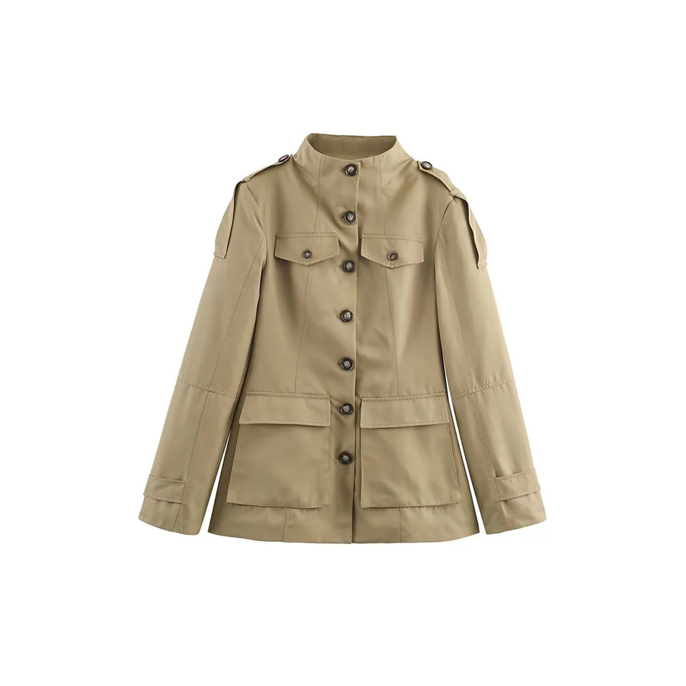 

Autumn New Women's Fashion Versatile Solid Color Tripstrap with Pocket Stand up Collar Long Sleeve Coat