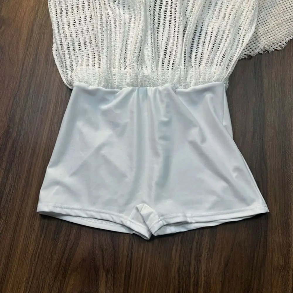 

Loose Long Sleeve Swimsuit Pullover Beachwear Crochet Knit Bathing Suit Hollow Out Sun Protection Three Pieces Set Swimwear