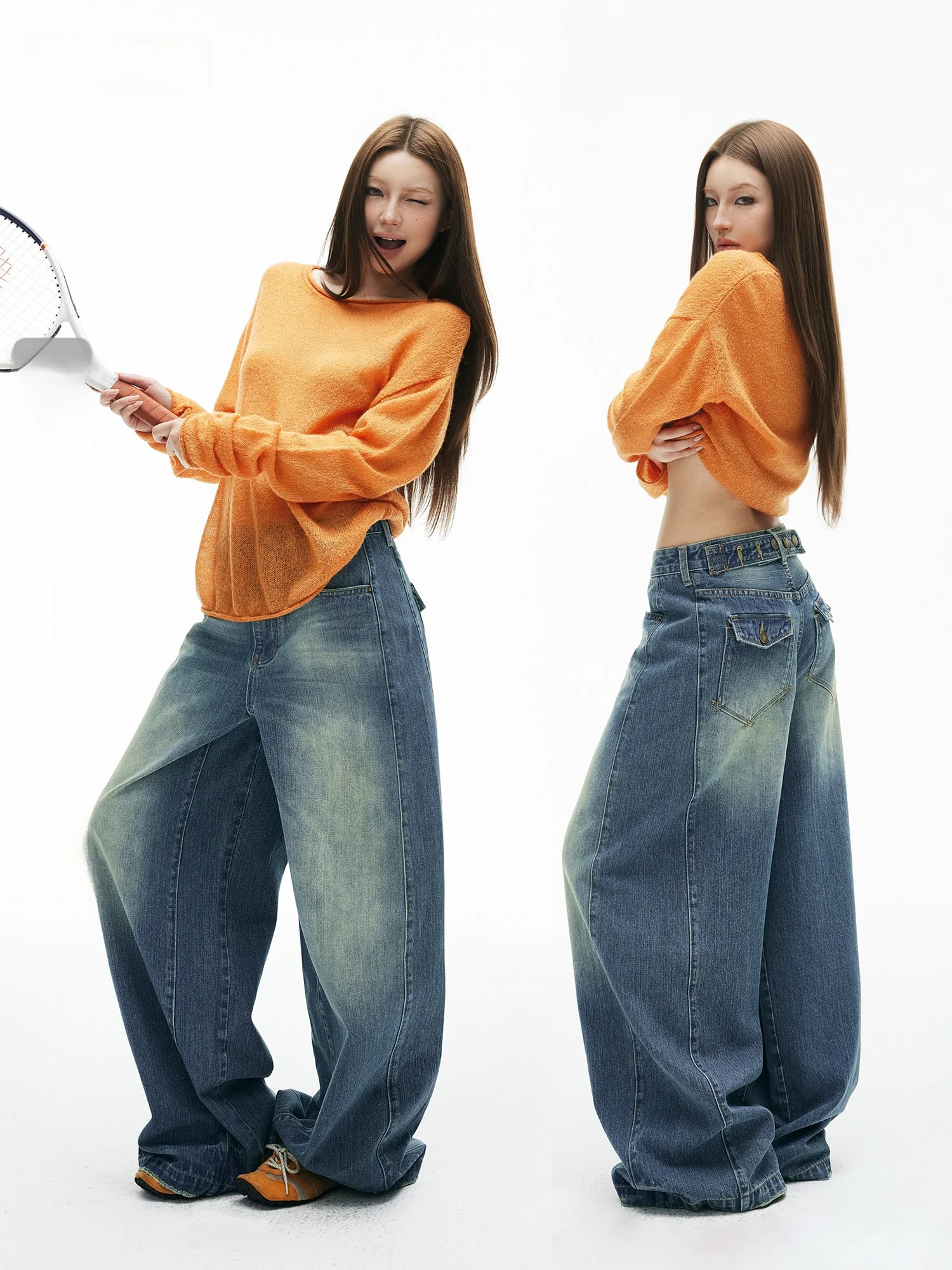 

Синие джинсы с широкими штанинами, регулируемой талией, свободного кроя, повседневные, с низкой посадкой, на молнии, универсальные, для всех сезонов...