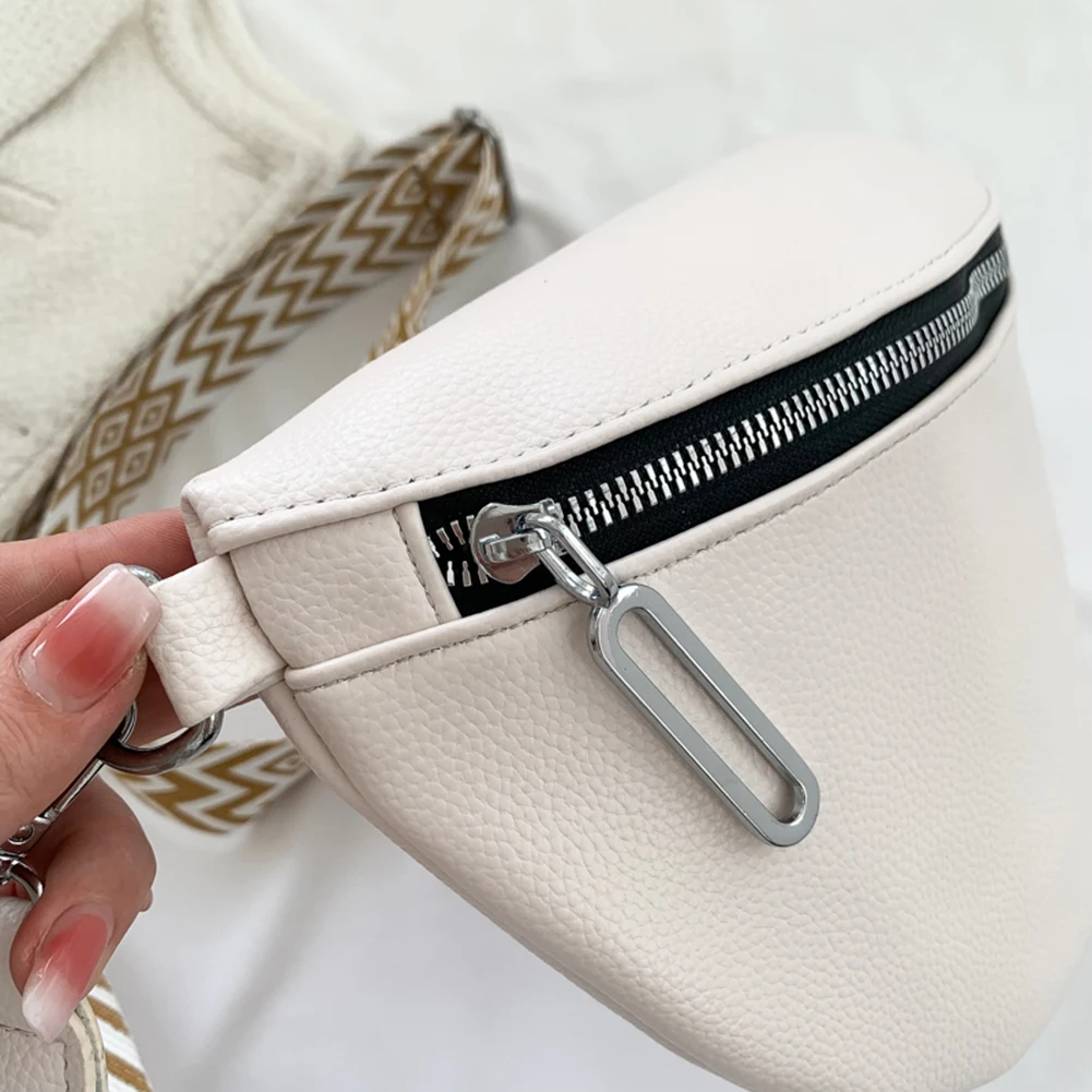 Crossbody Bag Wide Jacquard Strap Traveling Chest Bag PU Leather Fashion Casual Solid Color Portable Simple for Outdoor Hiking