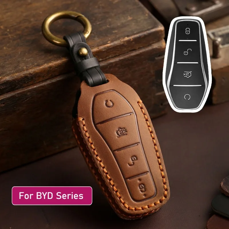 For BYD Pro Song Plus Yuan DMI Dolphin Han Tang Qin Seal ATTO3 Escort Ship Car Key Case Cowhide Key Cover Protector Accessories