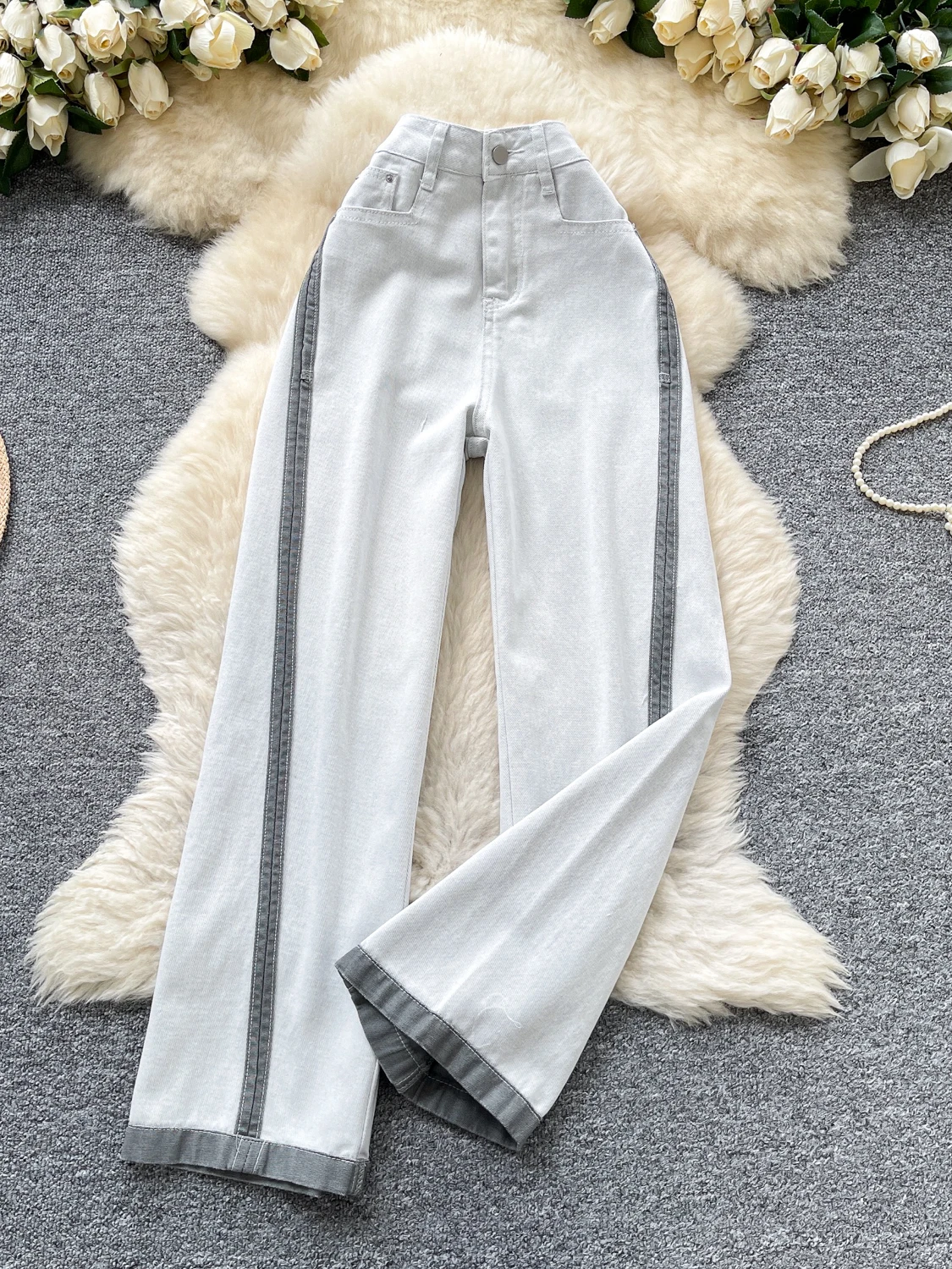 

High Waist Wide Leg Denim Jeans Women's Summer Faion Striped Patchwork Retro Design Long Pants Hot Girl Sle Casual Zipper