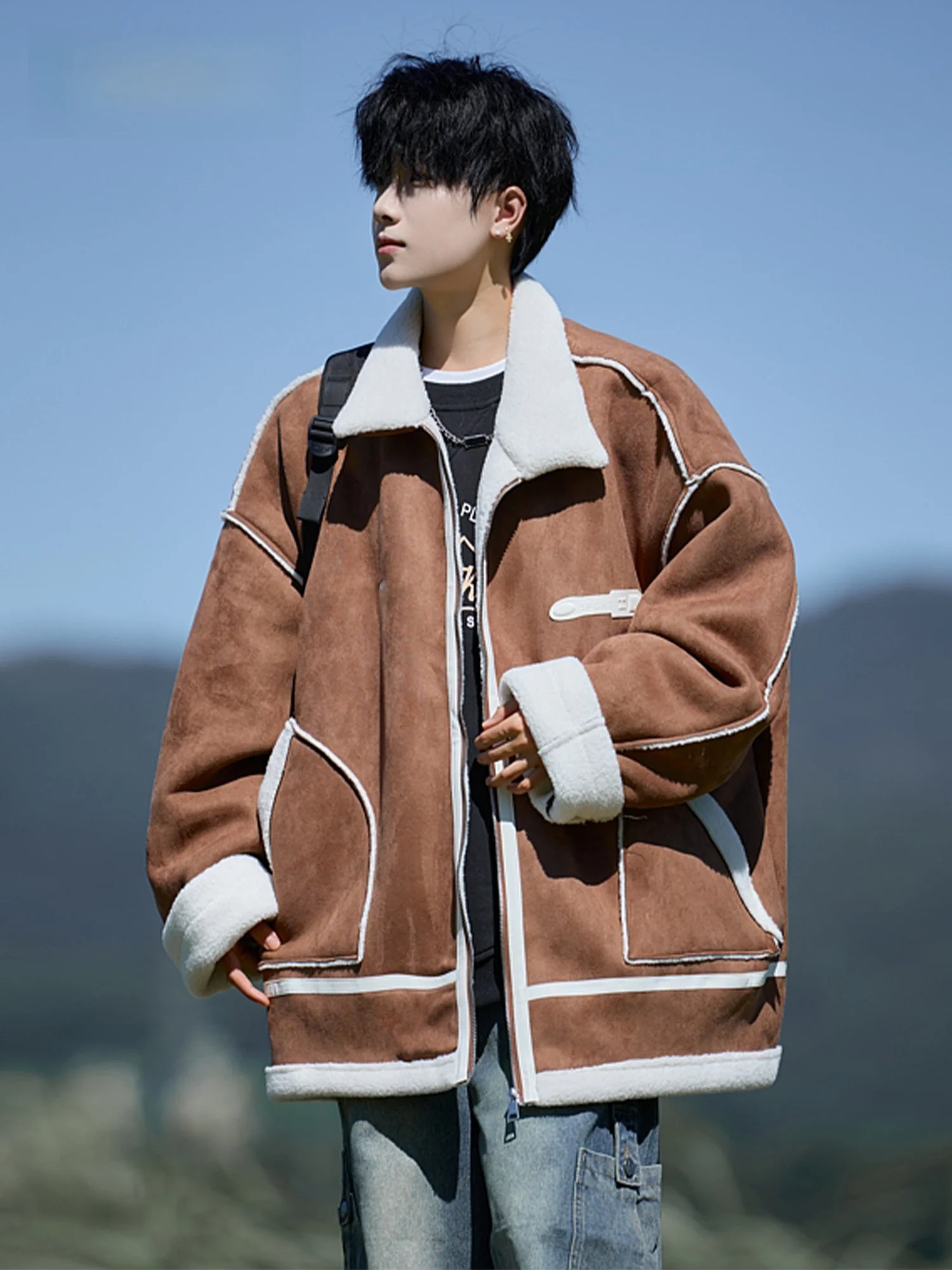 

Pang PangerGe American Sle Suede Cotton Jaet Мужская зимняя свободная теплая верхняя одежда больших размеров с кожаным мехом, интегрированная модель M